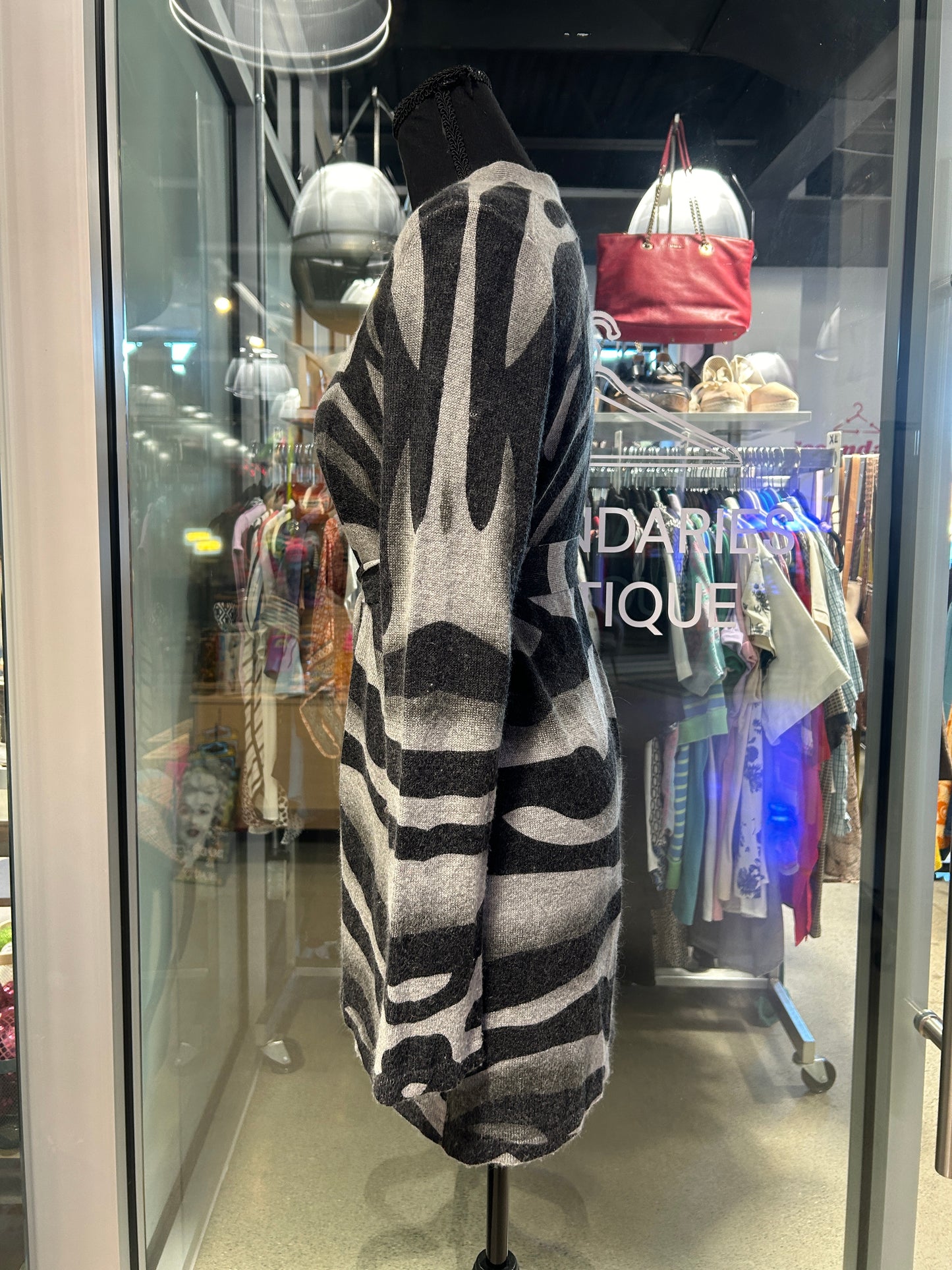 Grey and black zebra print cardigan with belt