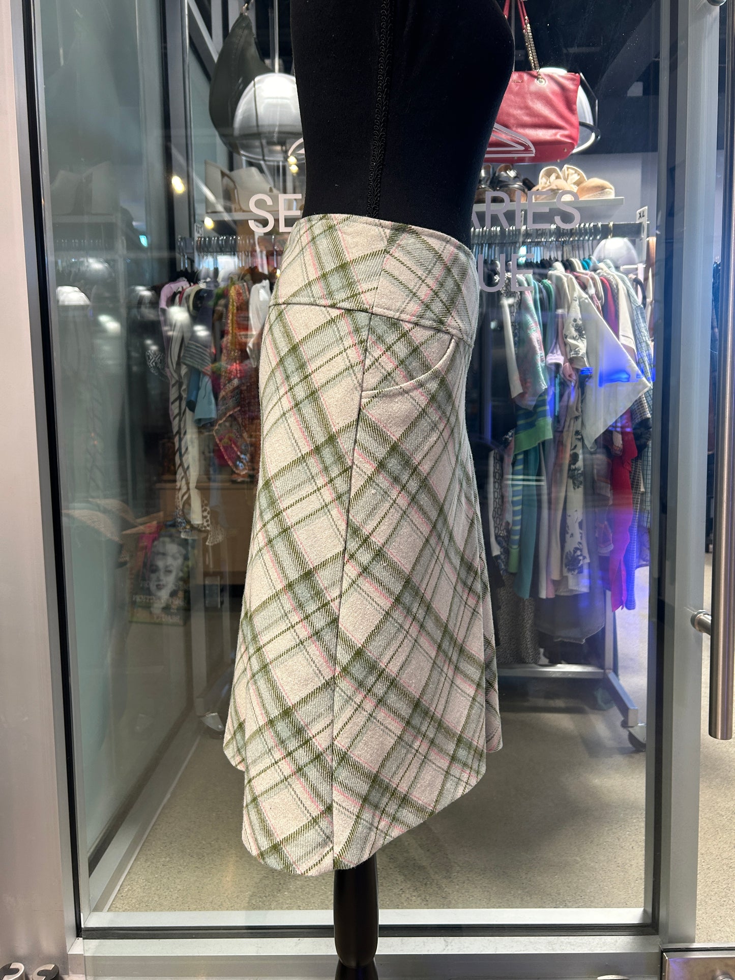 Pink and green plaid midi skirt
