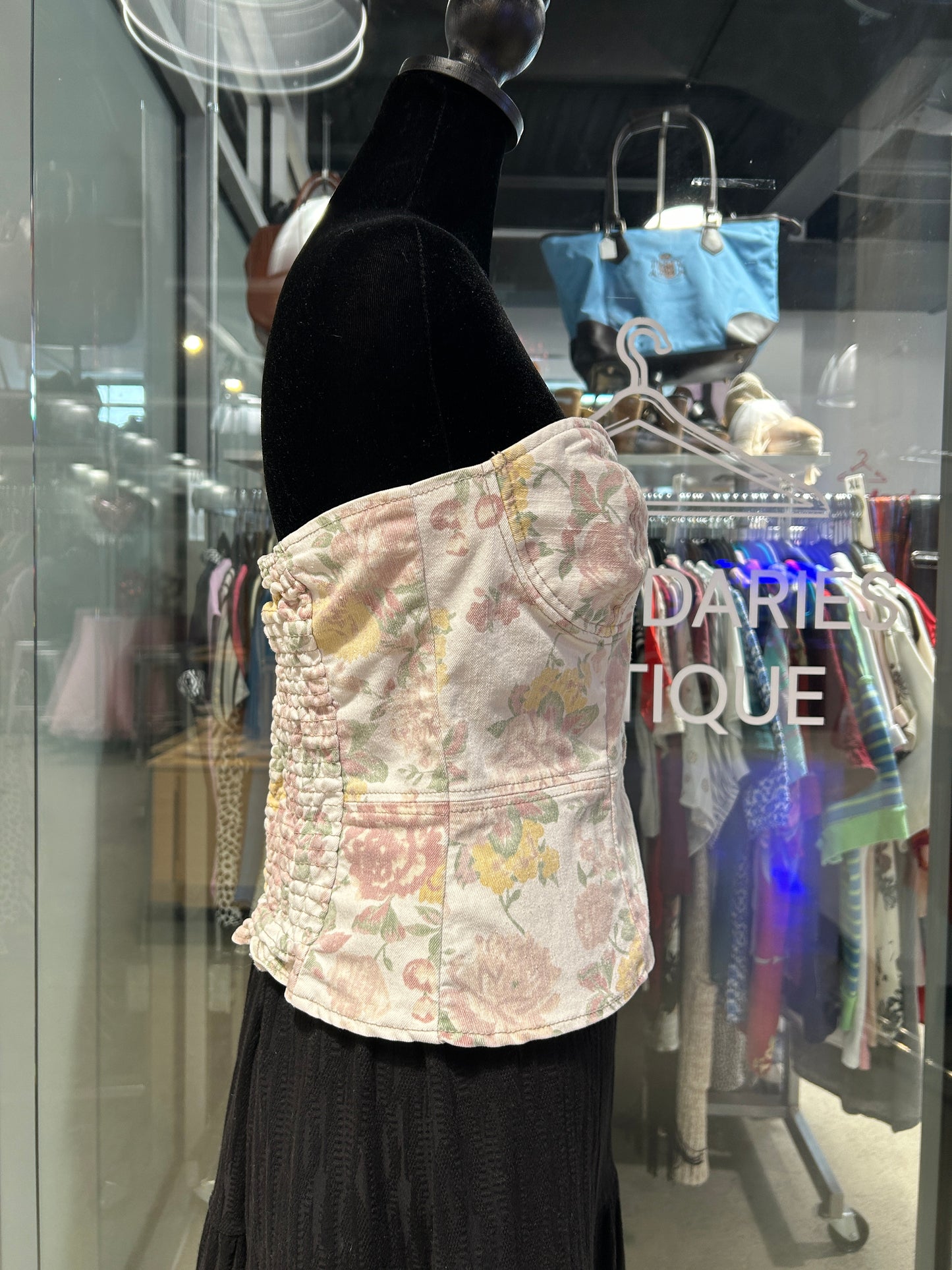 “Highway Jeans” floral denim corset top