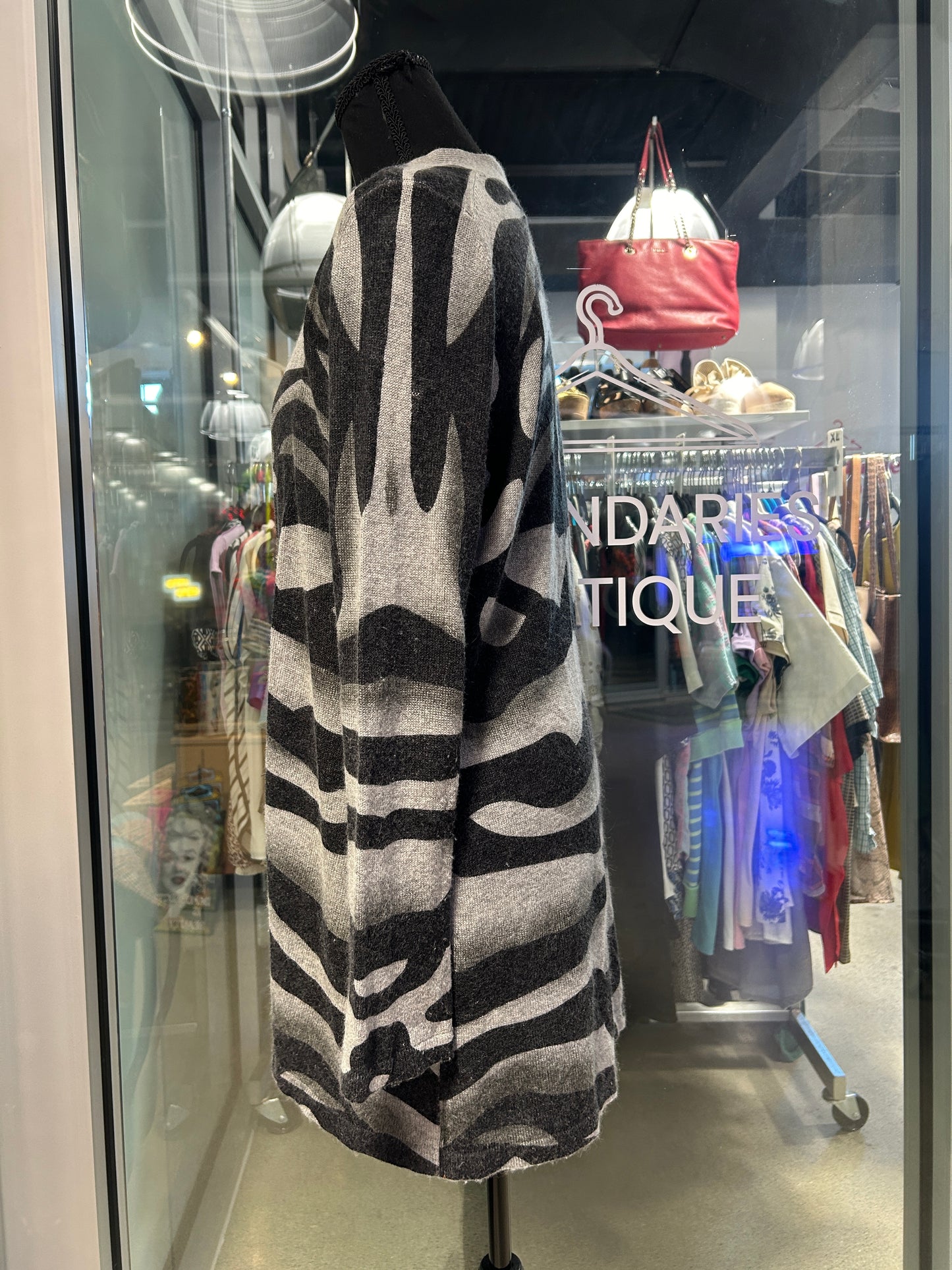 Grey and black zebra print cardigan with belt