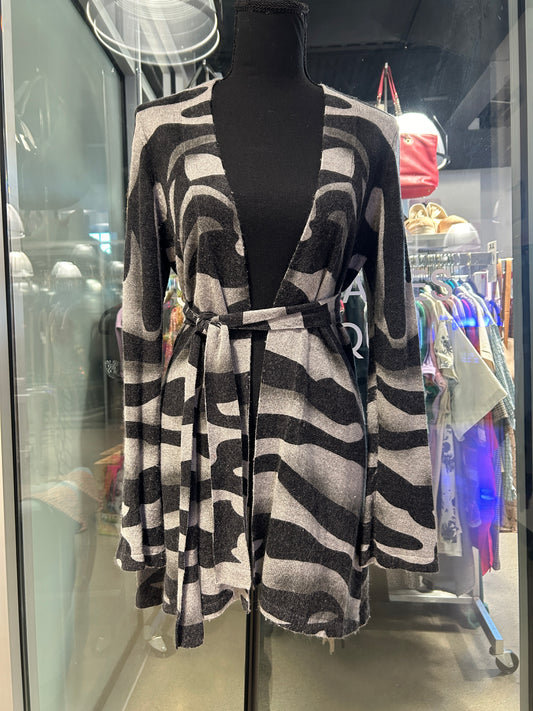 Grey and black zebra print cardigan with belt