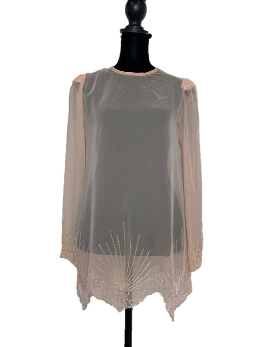 Sheer Pink Long Sleeve Asymmetrical Hem Beaded Blouse