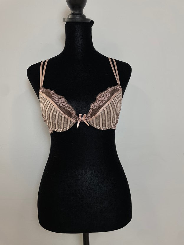 Brown and Pink Pattern Lace Trim Bra