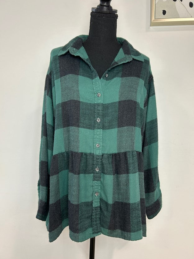 Black & Green Gingham Flannel Babydoll Top