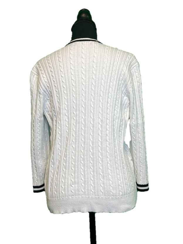 White Cable Knit Black and White Stripe Lined Button up Cardigan