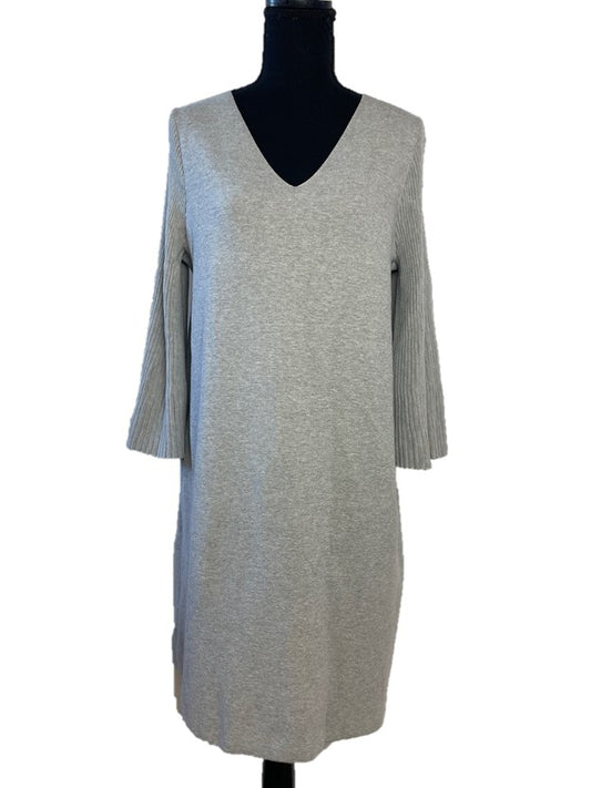 Gray Thick Knit Sweater Dress w Ribbed Bell Sleeves