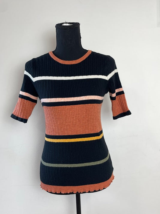 Striped Multicolor Knit Quarter-Sleeve Top