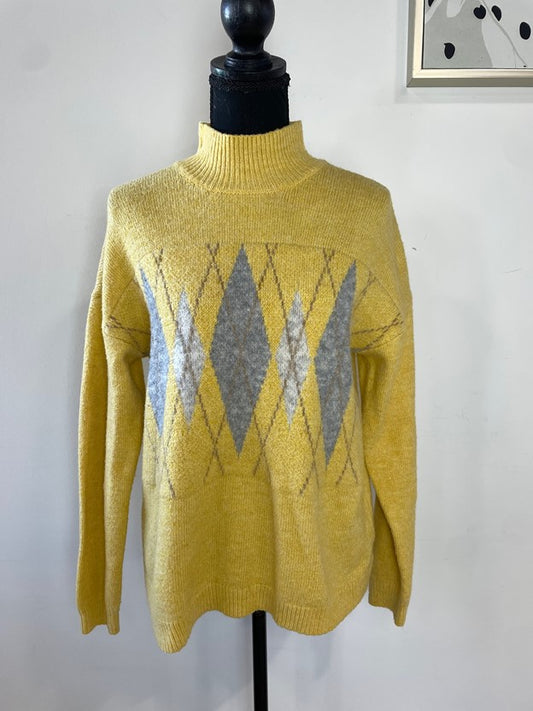 Yellow Argyle Mock Neck Knit Sweater