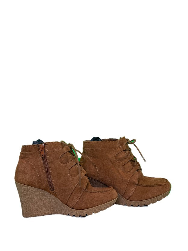 Brown Suede Lace up Wedge Booties