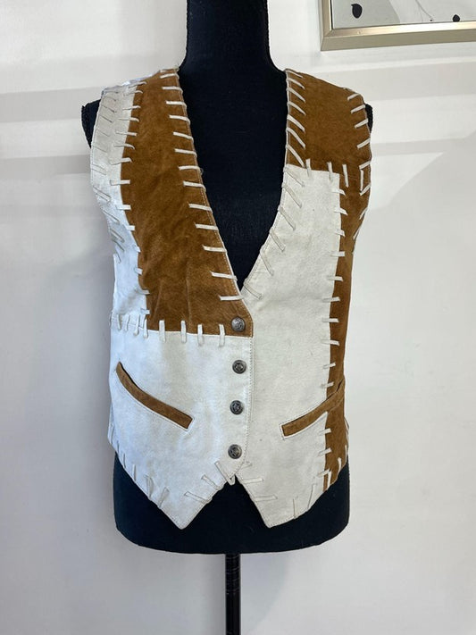 Vintage White and Brown Patchwork Suede Leather Vest