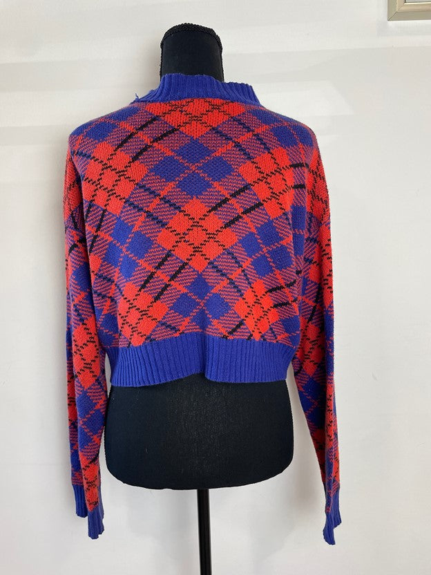 Plaid Cropped Mock Neck Knit Sweater