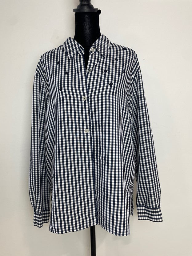 Gingham Navy Blue and White Embroidered Long Sleeve Button Up