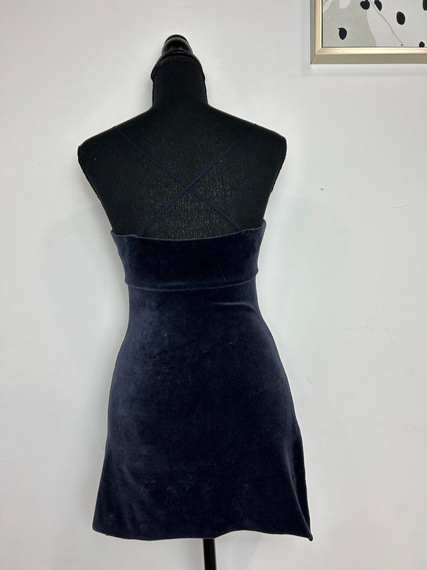 Navy Blue Velour v Neck Bodycon Mini Dress