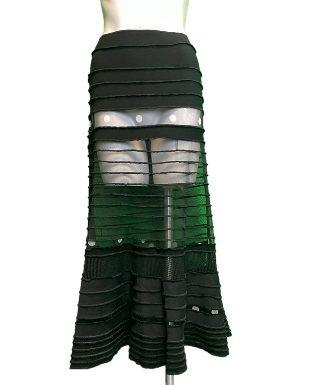 Sheer Polka Dot Textured Stripe Detail Maxi Skirt