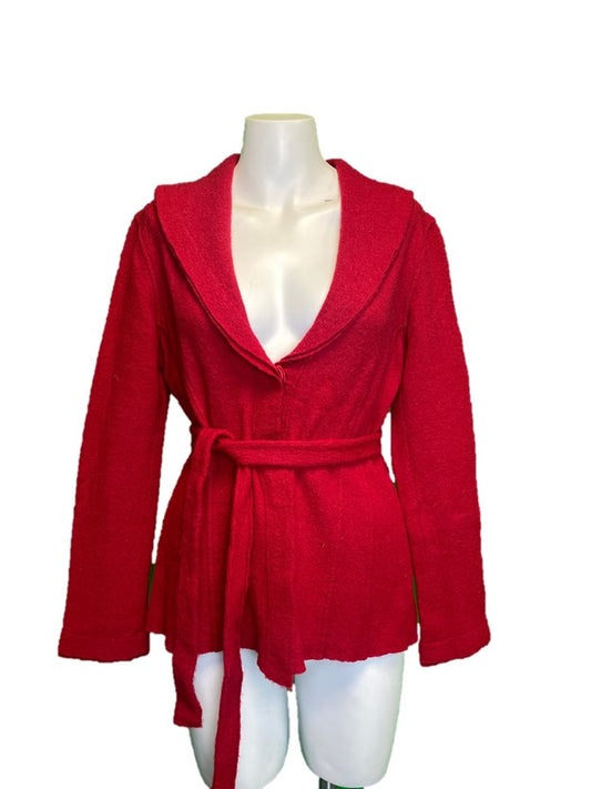 Red Wool Collared Deep Cut Mini Coat With Tie