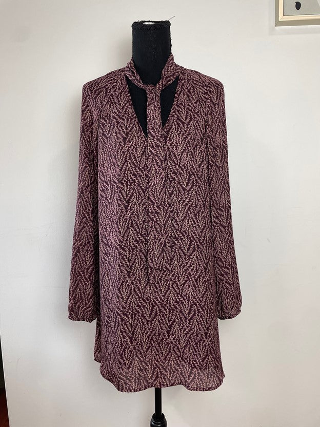 Purple Patterned Long Sleeve Sheer Dress With Necktie