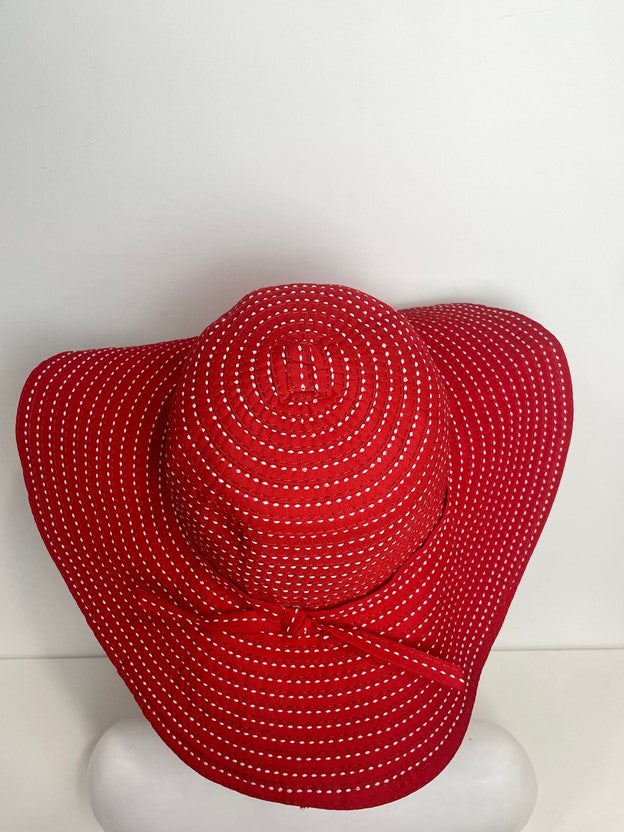 Red Floppy Sun Hat With White Stitching