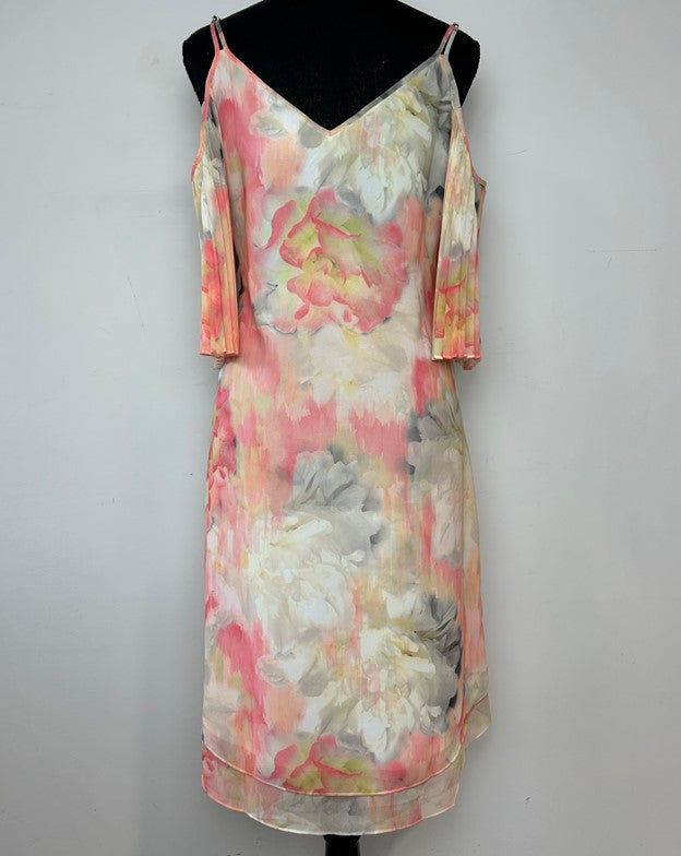 Cold Shoulder Pleat Sleeve Watercolor Print Dress