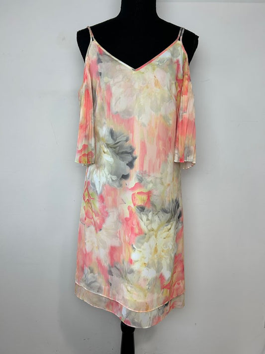 Cold Shoulder Pleat Sleeve Watercolor Print Dress