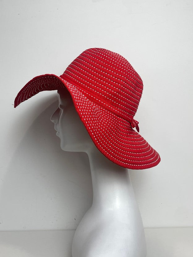 Red Floppy Sun Hat With White Stitching