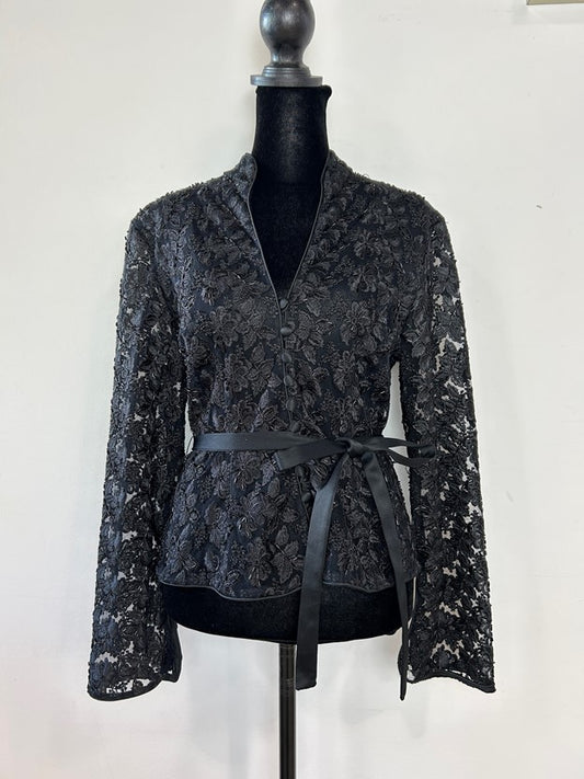 Black Lace Beaded Long Sleeve Button v Neck Belted Top