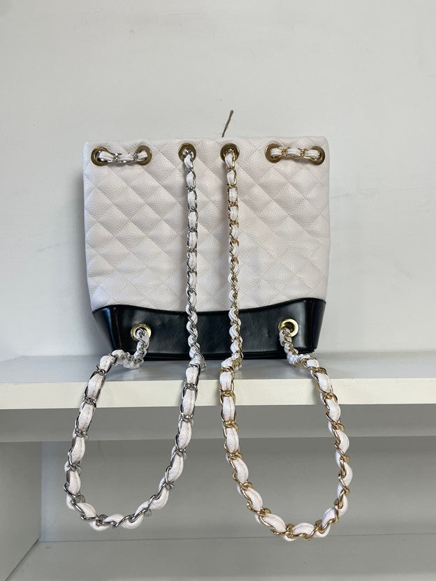 White Guilted Leather Mixed Metal Chain Strap Backpack