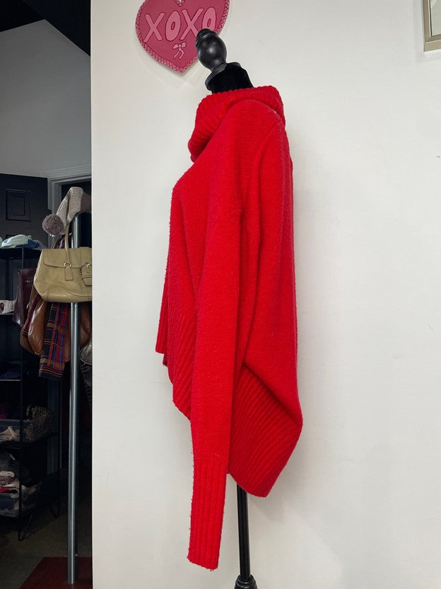 Red Knit Fold-over Turtleneck Sweater Asymmetrical Hem Sweater