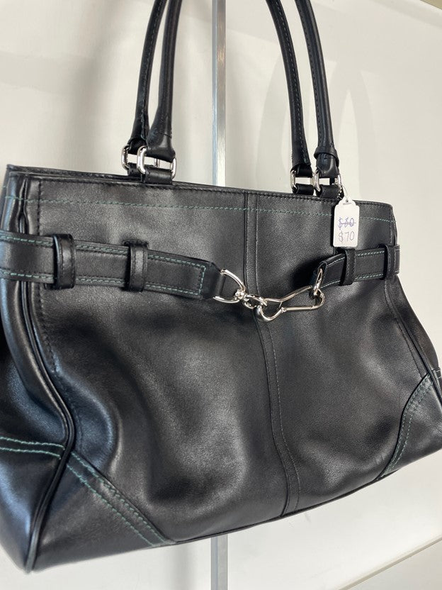 Black Teal Stitching Silver Hardware Handbag