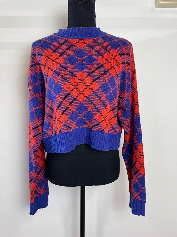 Plaid Cropped Mock Neck Knit Sweater