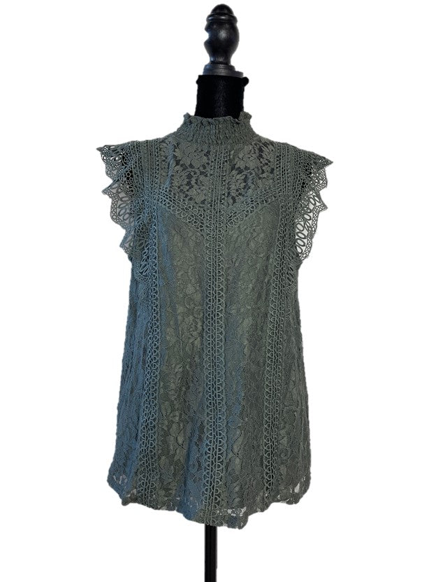 Green Lace High Neck Sleeveless Blouse