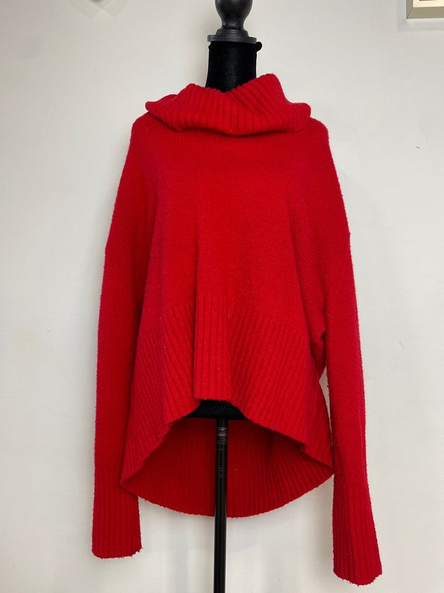 Red Knit Fold-over Turtleneck Sweater Asymmetrical Hem Sweater