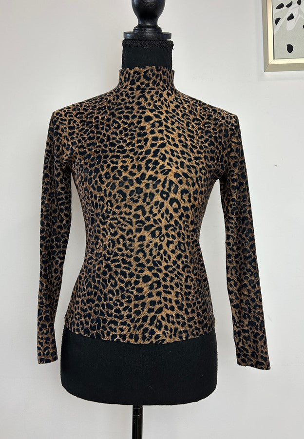 Vintage Semi Sheer Cheetah Print Mock Neck Long Sleeve