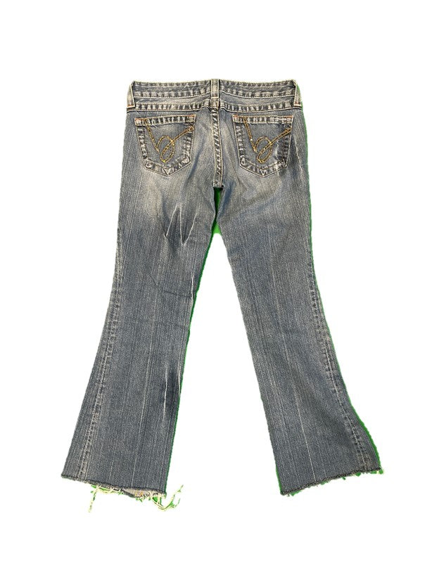 Blue Denim Extra Low Rise Rhinestone Pocket Bootcut Jean