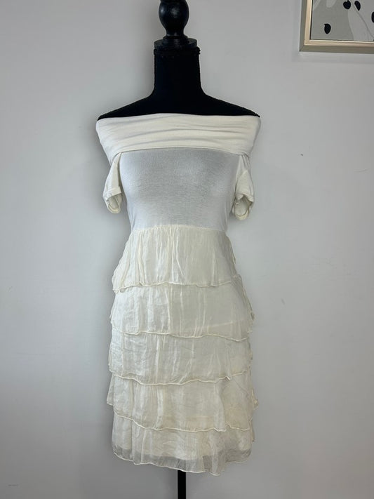 Cream Fold Over Off the Shoulder Ruffle Mini Dress