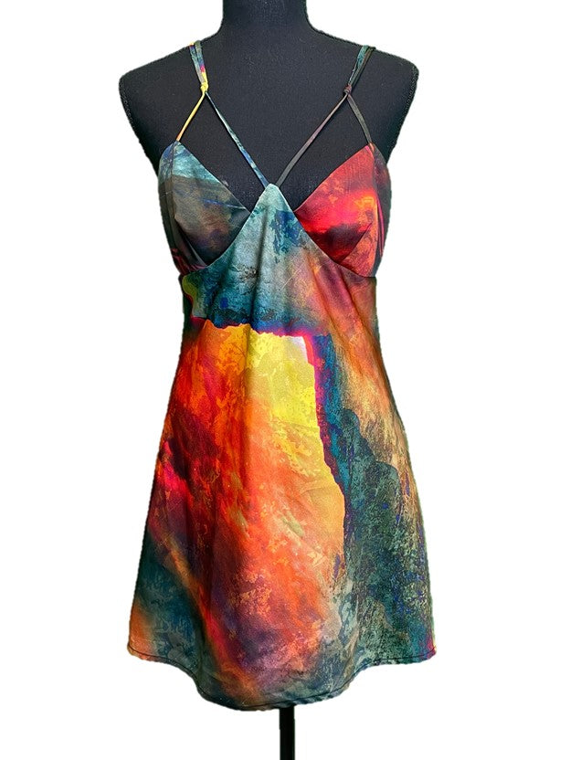 Watercolor Mini Slip Dress w Strap Details