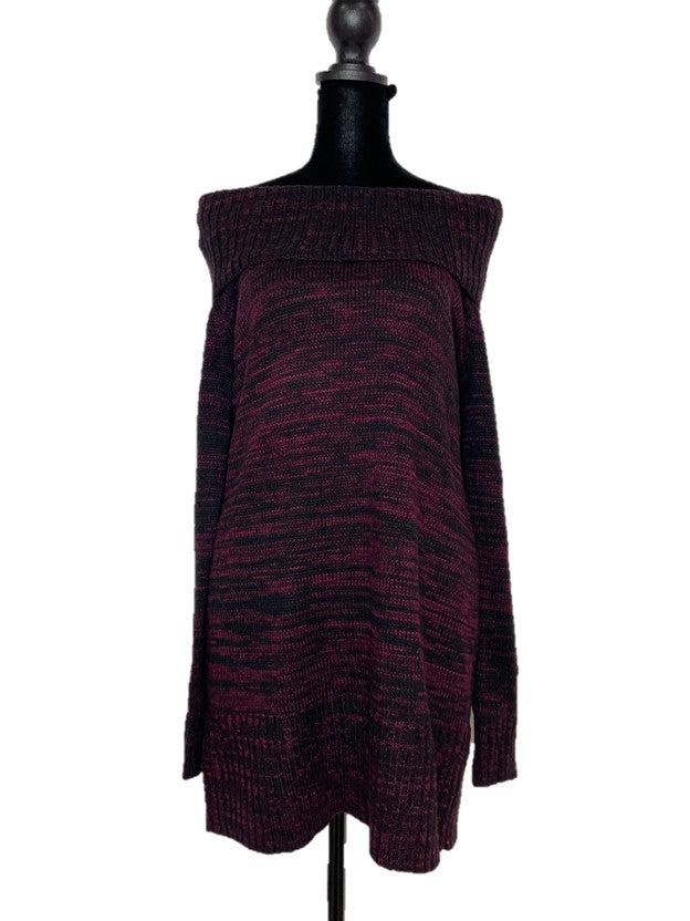 Maroon & Black Knit Fold Over Off The Shoulder Sweater