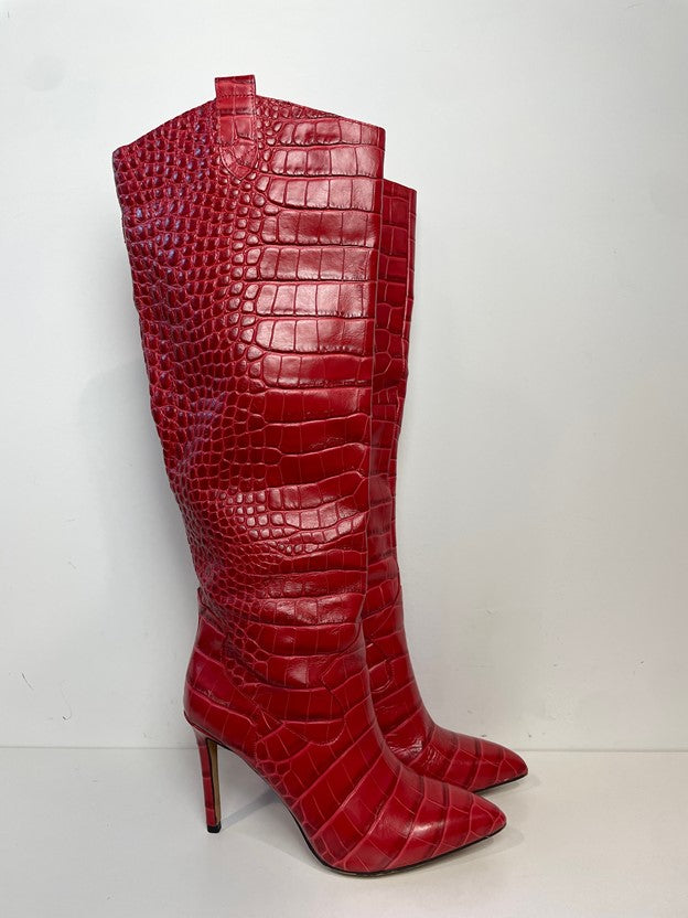 Red Crocodile Skin Heeled Knee High Boots