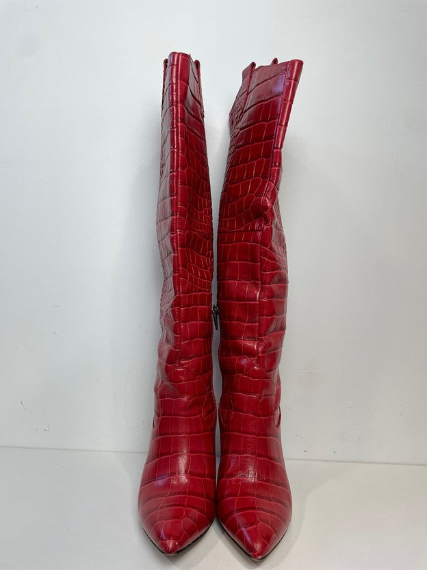 Red Crocodile Skin Heeled Knee High Boots