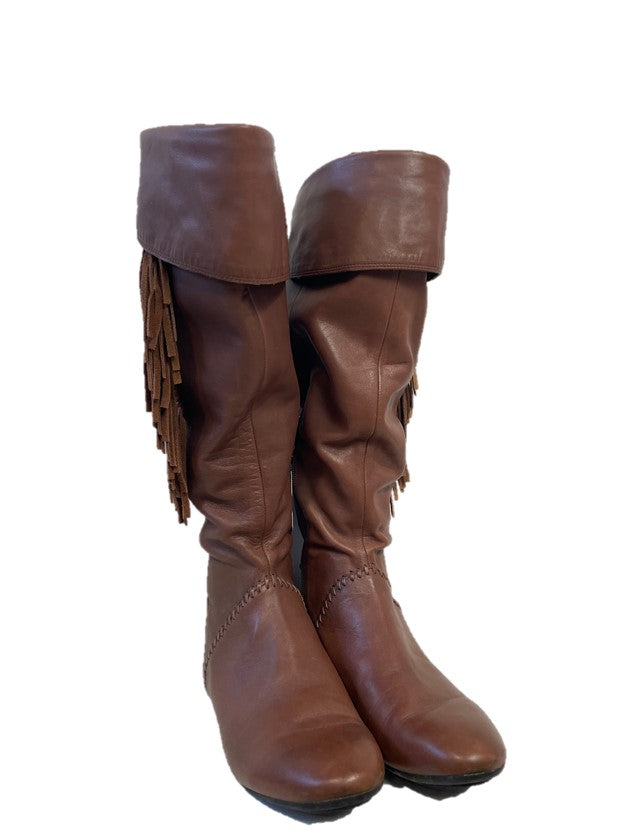 Leather Fringe Brown Fold Over Boot