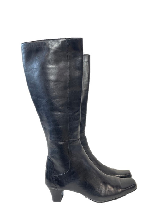 Black Leather Square Toe Heeled Boots