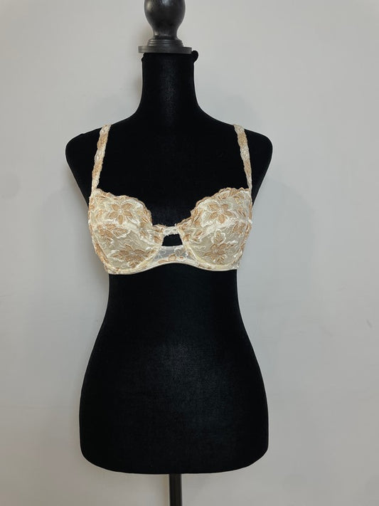 White and Gold Embroidered Floral Lace Bra