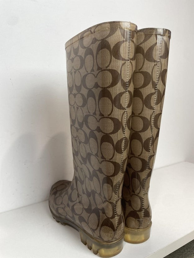 Brown Pixy Rubber Pull-On Tall Rain Boots All Over Logo
