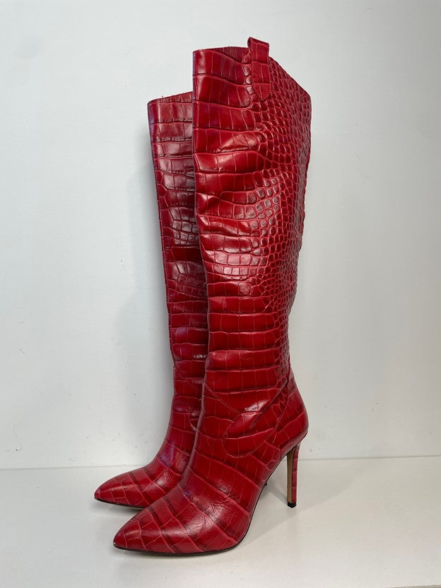 Red Crocodile Skin Heeled Knee High Boots