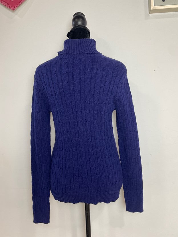 Bright Navy Blue Cable Knit Fold Over Turtleneck Sweater