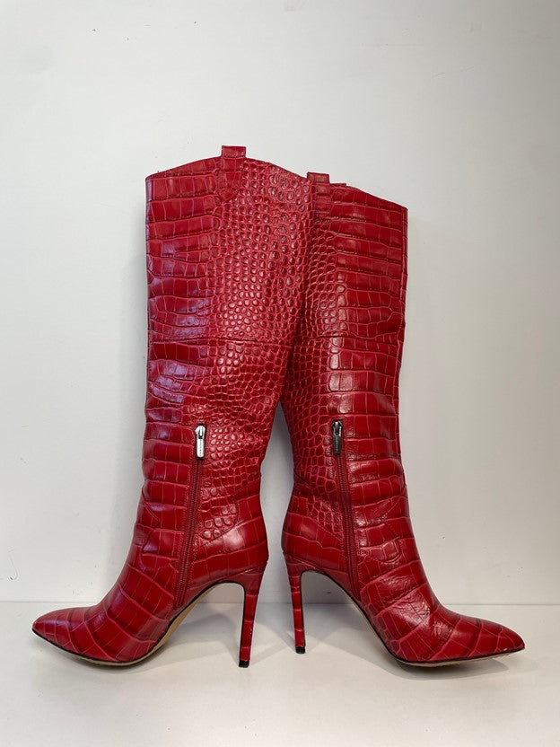 Red Crocodile Skin Heeled Knee High Boots