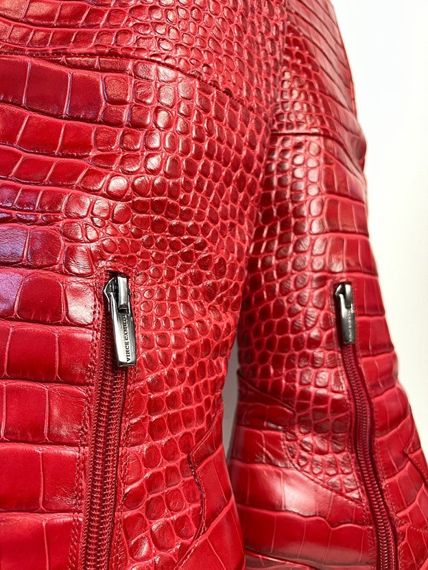 Red Crocodile Skin Heeled Knee High Boots