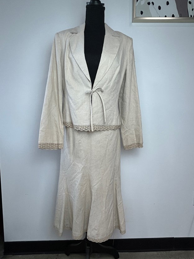 Beige Collared Blazer with Tie Closure and Matching Midi Lace Lined Form Fitting