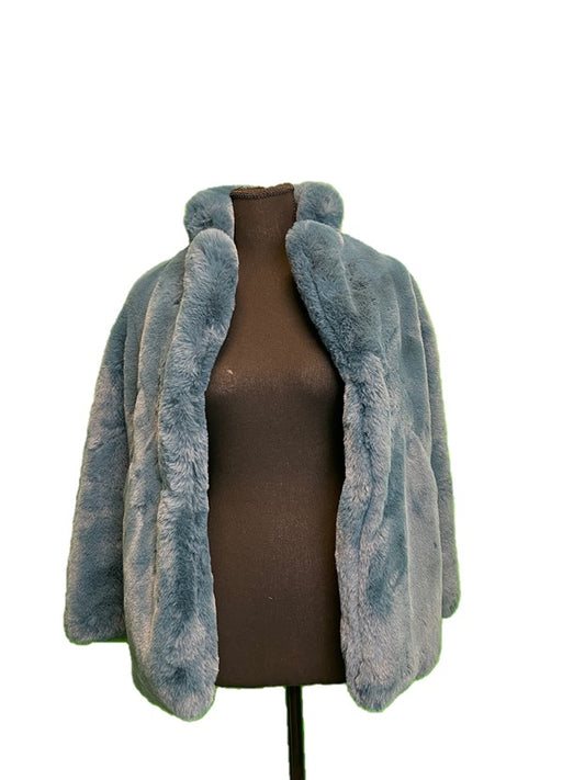 Teal Faux Fur Collared Crop Coat
