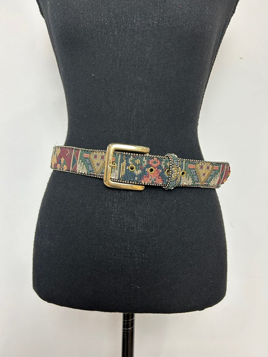 Multicolor Tapestry Gold Buckle Bonded Leather Belt