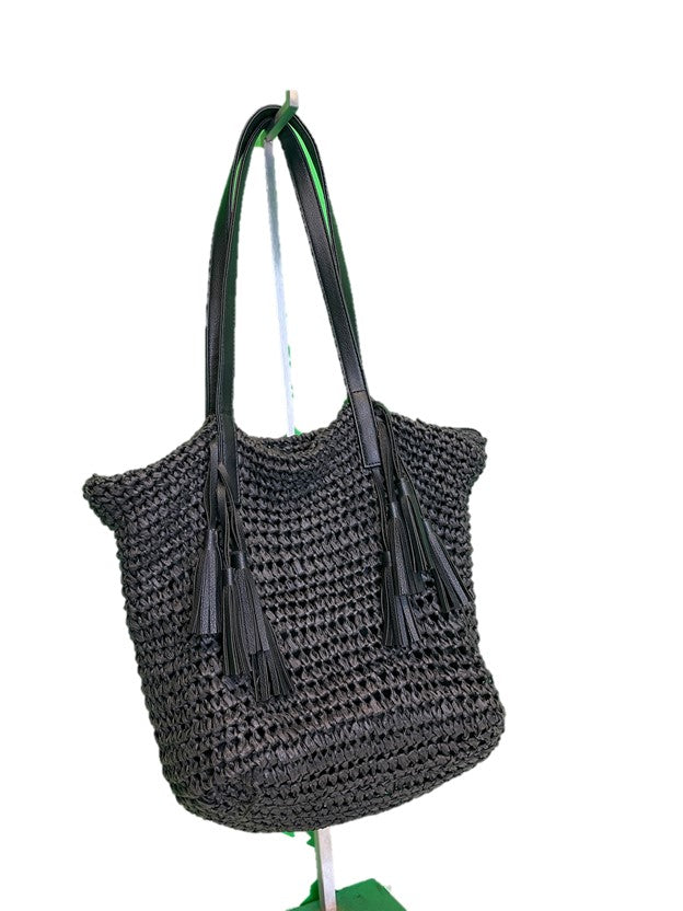 Straw Bag With Faux Leather Straps and Tassels